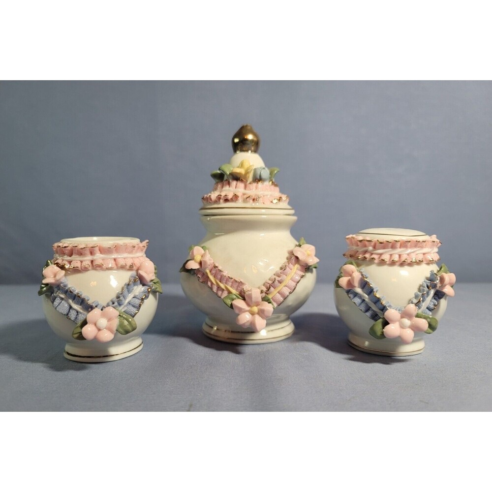 Mini Sugar Shaker Toothpick Holder Vintage Rose Garden Trinket Porcelain Set